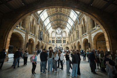 Inside the bustling Natural History Museum with a diverse crowd. Ornate architecture in a bright, dynamic setting. À l'intérieur du musée d'histoire naturelle animé avec une foule diversifiée. Architecture ornée dans un cadre lumineux et dynamique.
