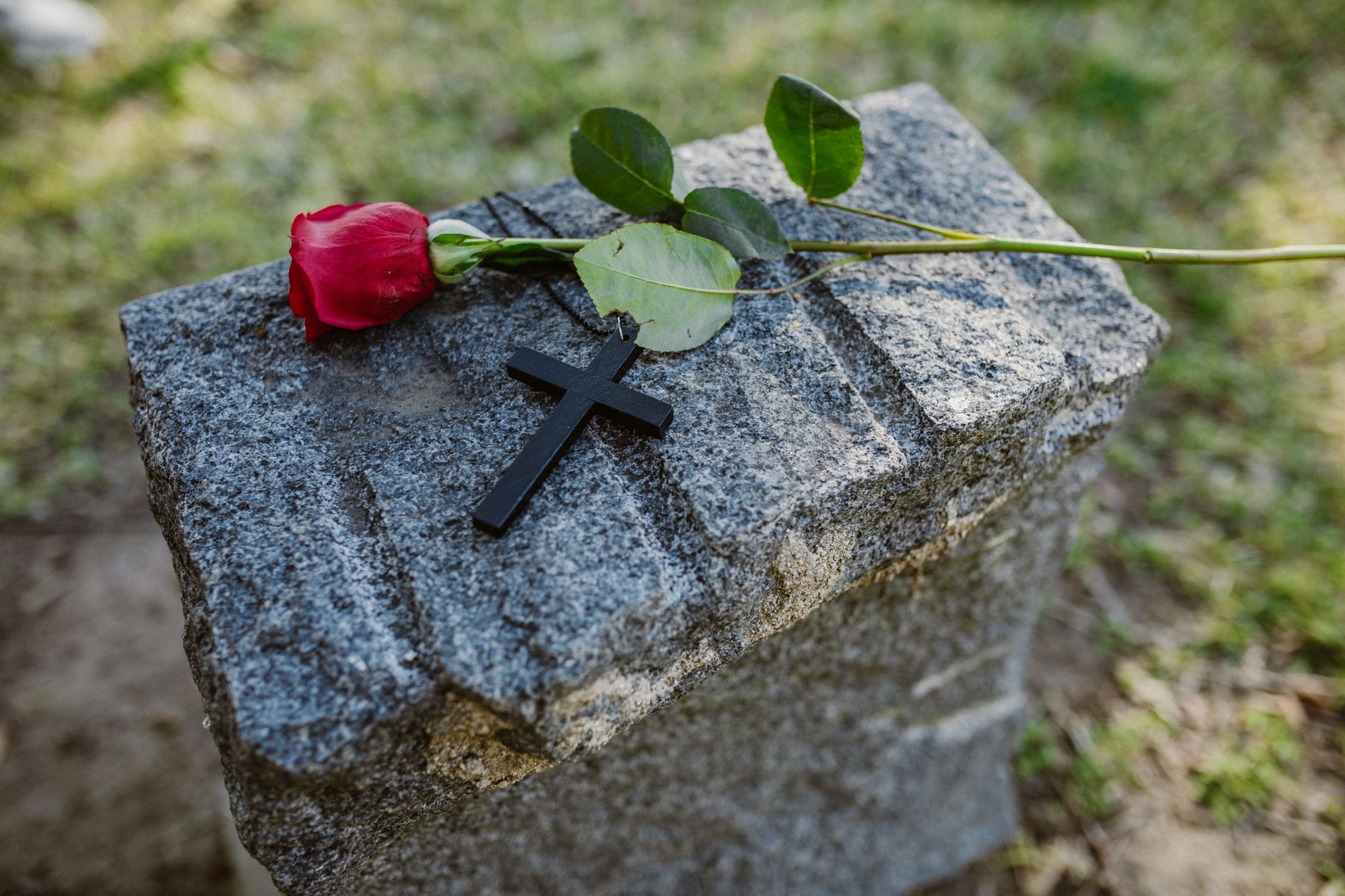 Rose et croix déposées sur une pierre tombale