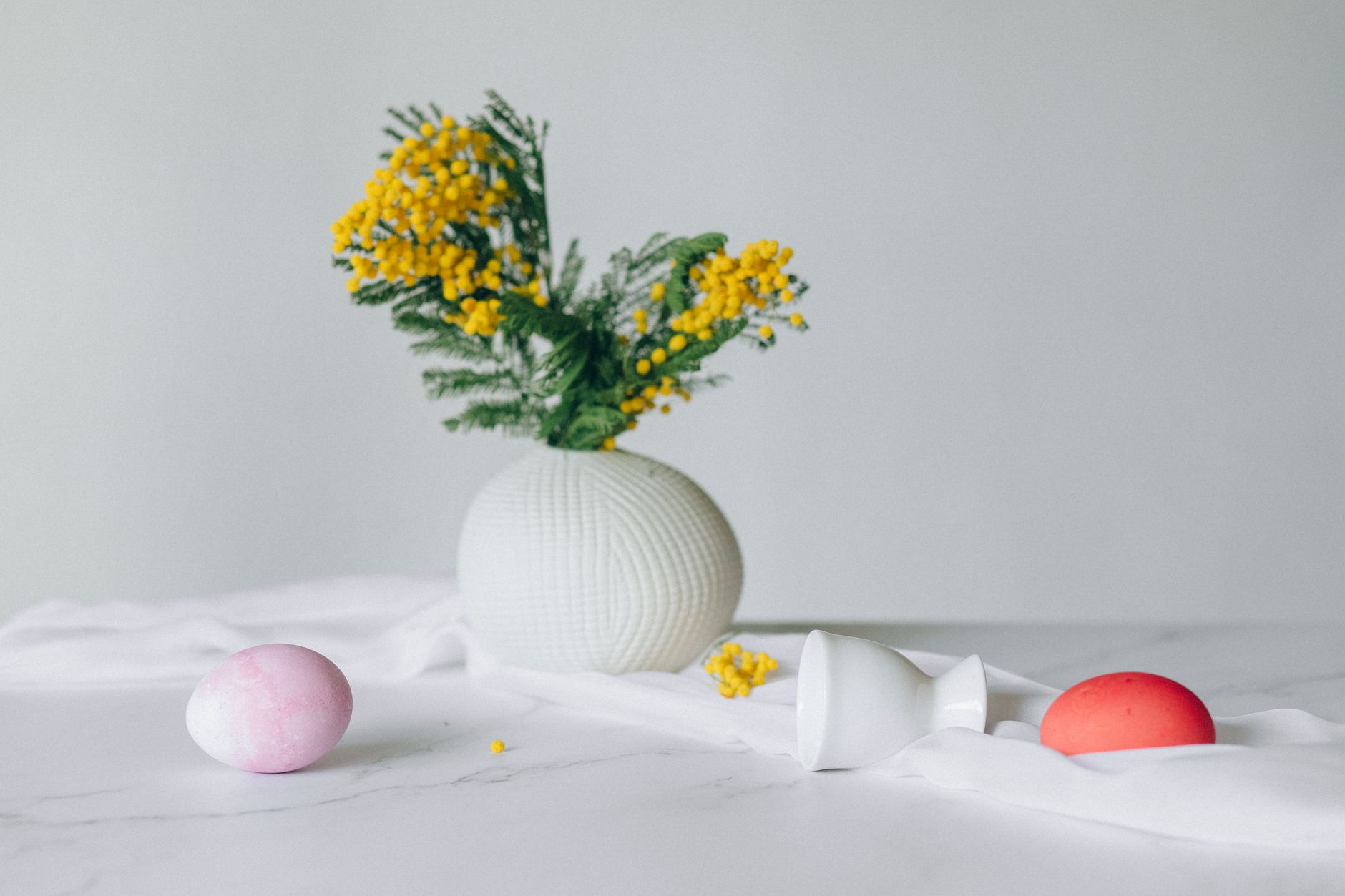 Œufs colorés et mimosa en nature morte